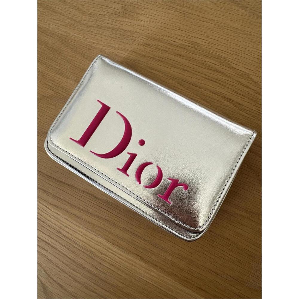 Christian Dior Silver Metallic Logo Cosmetic Pouch Clutch Makeup Bag Pink Gift